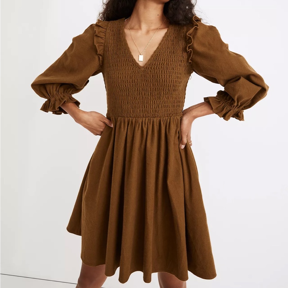 Madewell Flannel Lucie V-Neck Smocked Dress